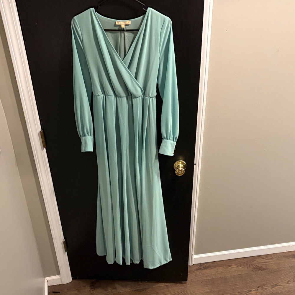 Long Sleeve Surplice Maxi Dress in Mint Green